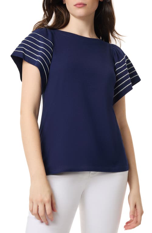 Purl Stitch Flutter Sleeve Cotton Blend Knit Top in Pacific Navy