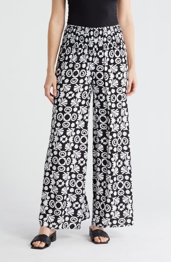 Philosophy By Rpublic Clothing Smocked Waist Wide Leg Pants In Black/white Woodblock