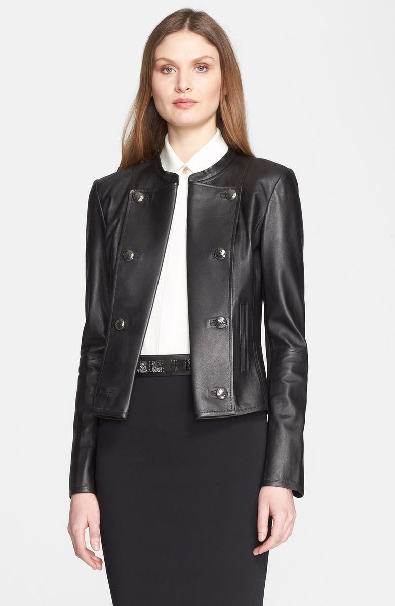 St. John Collection Nappa Leather & Milano Knit Crop Jacket | Nordstrom