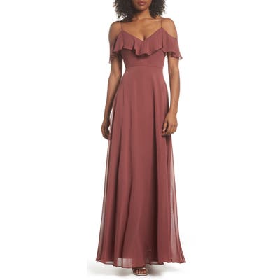 Jenny Yoo Cold Shoulder Chiffon Gown, Red