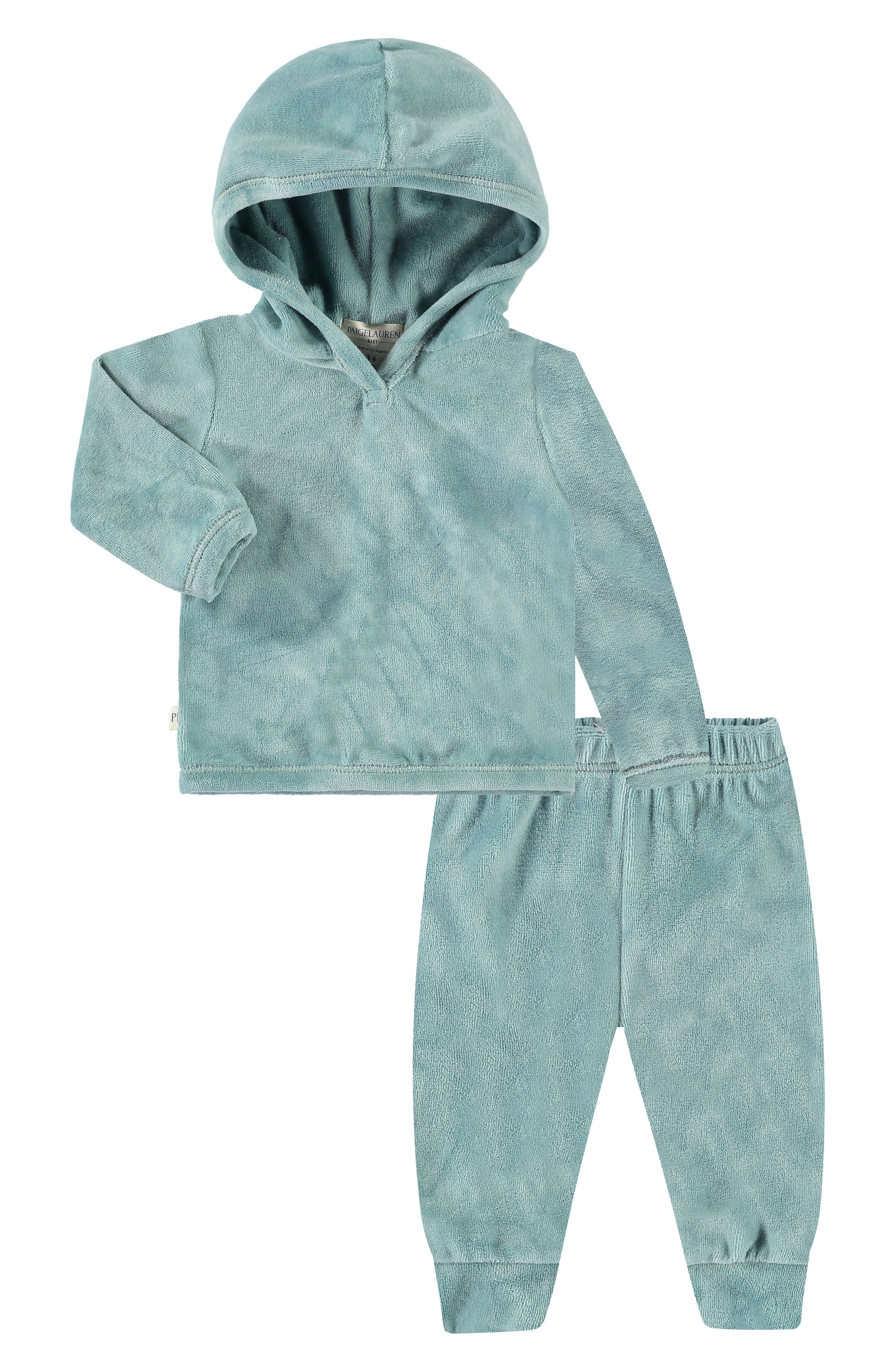 PAIGELAUREN Velour Hoodie & Joggers Set in Marble Sage 