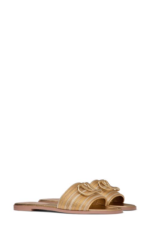 Valentino Garavani Vlogo Signature Metallic Leather Slide Sandal With Cornely Embroidery Woman Gold In Star Gold Multicolor