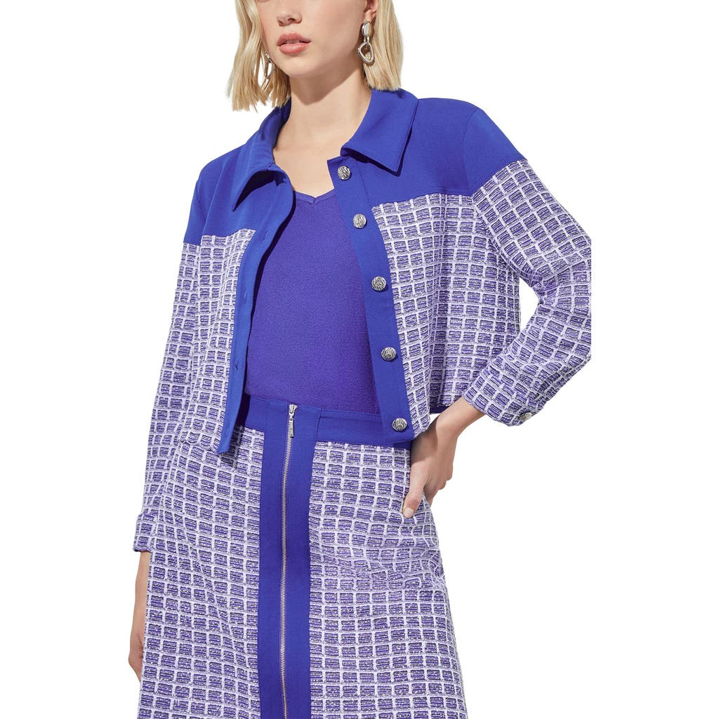 Ming Wang Mixed Media Crop Jacket In Sapphire Sea/white