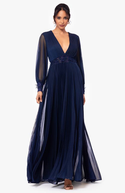 Betsy & Adam Petite V-neck Side-beaded Long-sleeve Gown In Navy