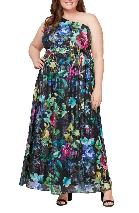 Shop Sl Fashions Floral One-shoulder Gown In Black Multi