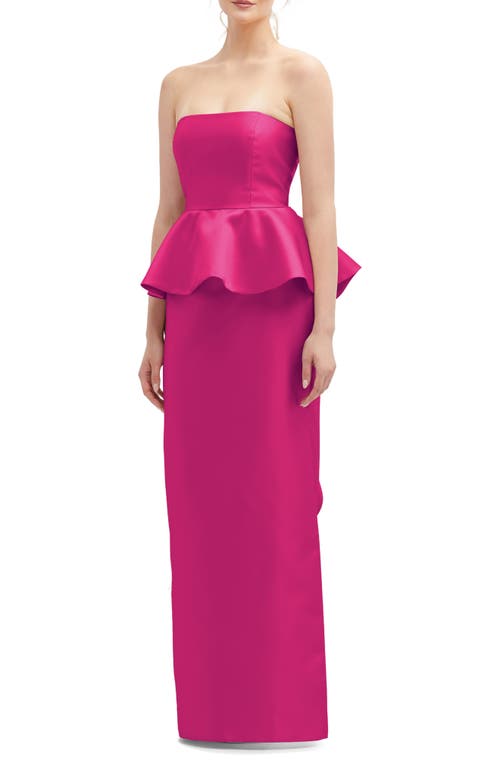 Strapless Ruffle Peplum Satin Column Gown in Think Pink