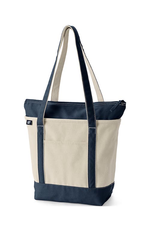 Lands' End Zip Top Long Handle Canvas Tote Bag In Natural/radiant Navy