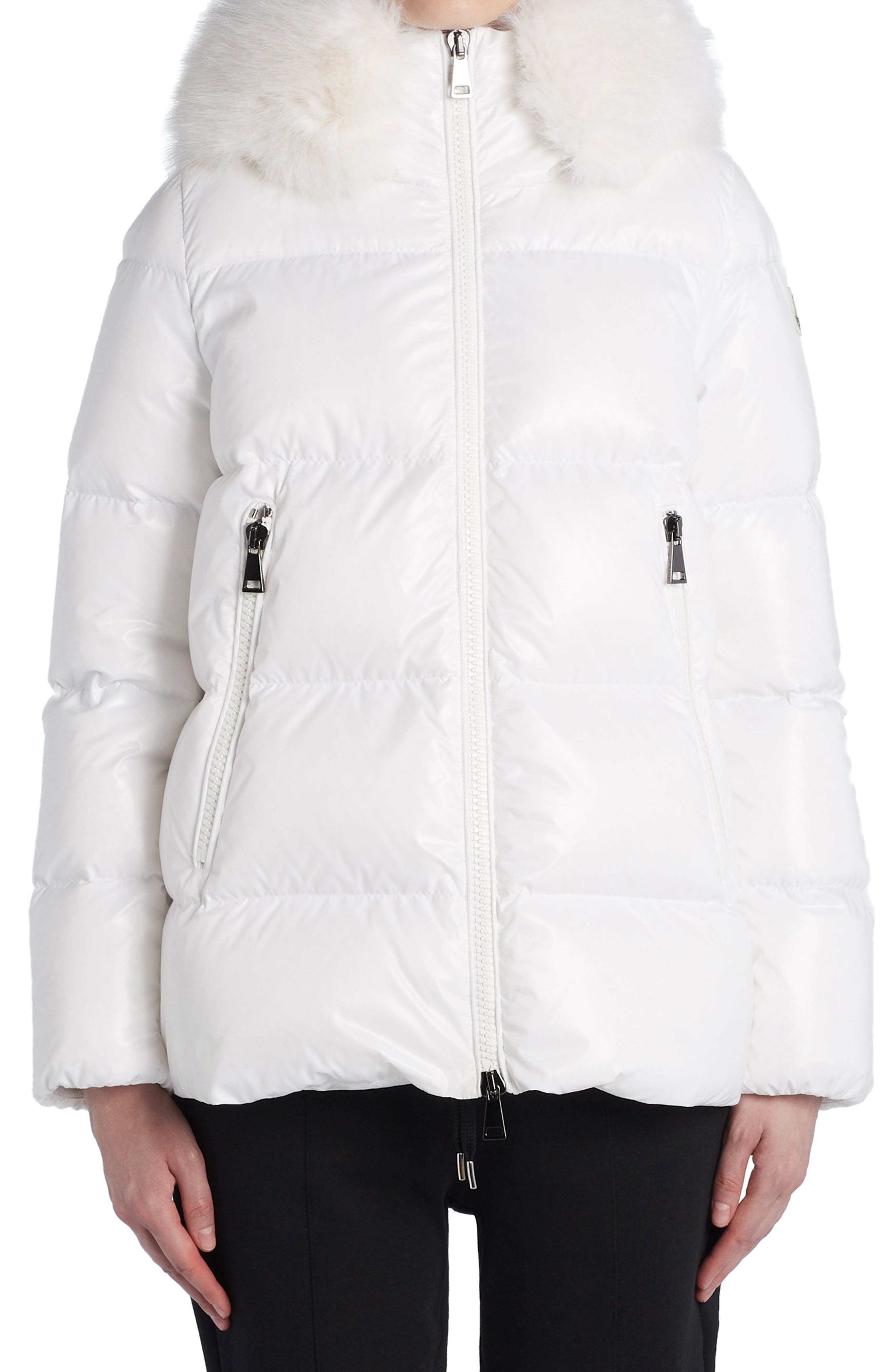 white puffer jacket with fur hood