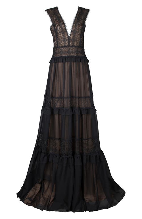 Shop Tadashi Shoji Sleeveless Tiered Lace & Tulle Gown In Black