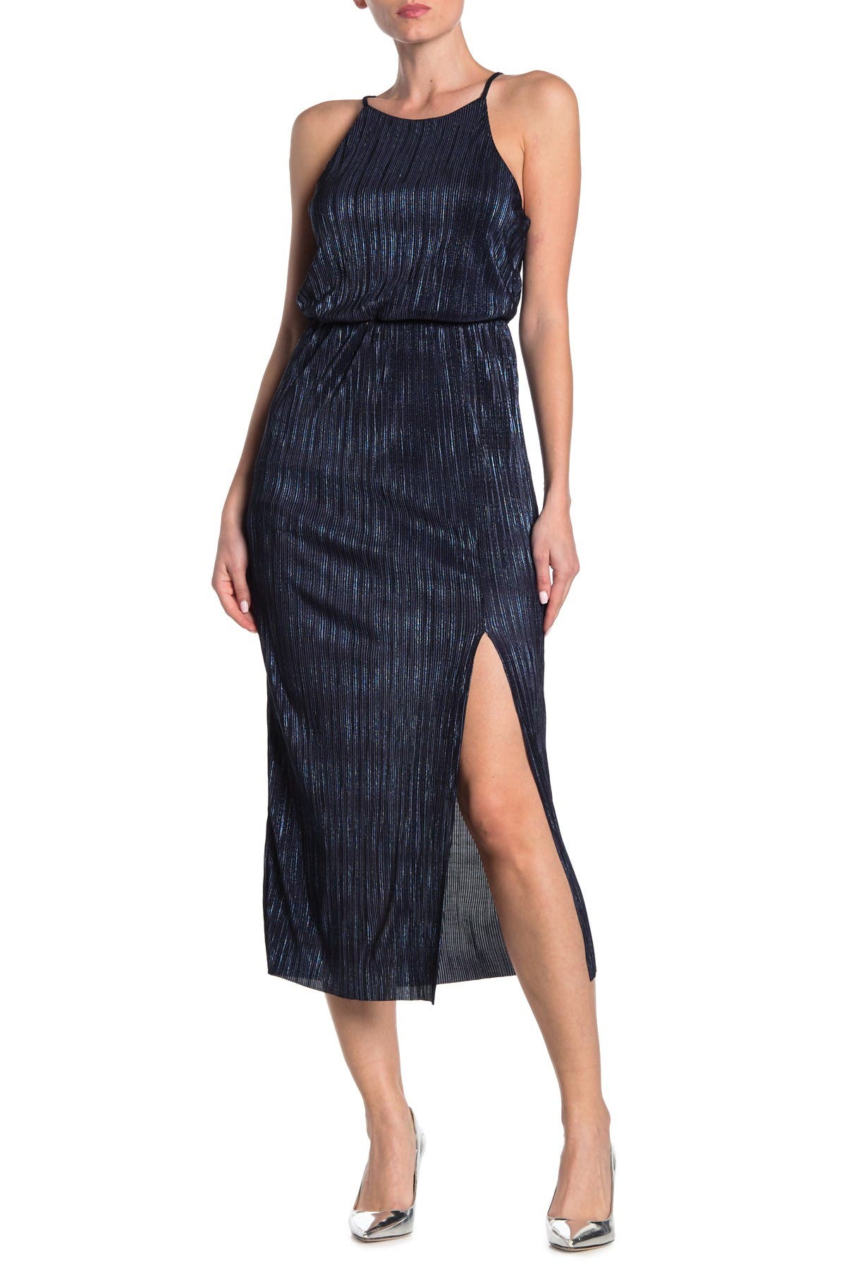 Lush | High Neck Pleated Metallic Woven Midi Dress | Nordstrom Rack