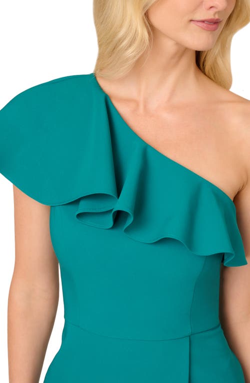 Shop Adrianna Papell Ruffle One-shoulder Stretch Crepe Asymmetric Cocktail Dress In Deep Emerald