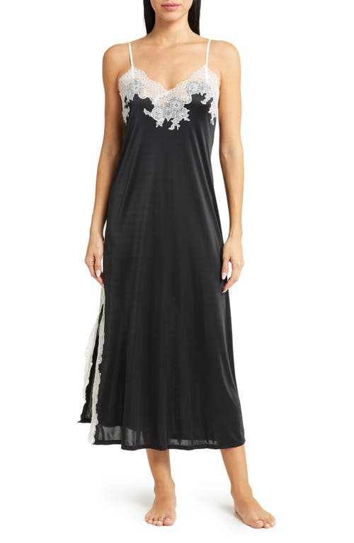 Natori Enchant Lace Trim Nightgown In Black W/ivory Lace