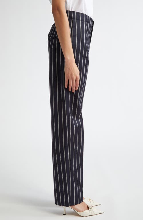 Shop Victoria Beckham Pinstripe Tapered Leg Wool & Cotton Trousers In Midnight/white