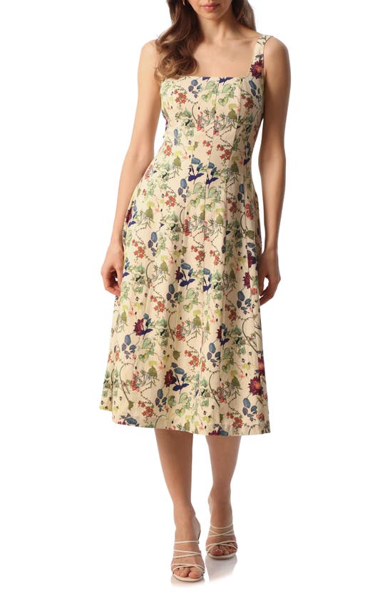 AVEC LES FILLES FLORAL LINEN BLEND FIT & FLARE MIDI DRESS