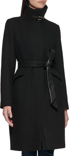 Cole Haan Wool Twill Faux Leather Belted Coat | Nordstrom