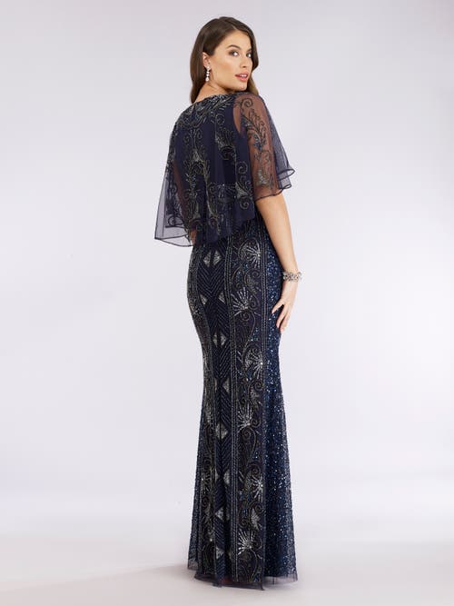 Lara New York Cape Sleeve Beaded Gown In Navy