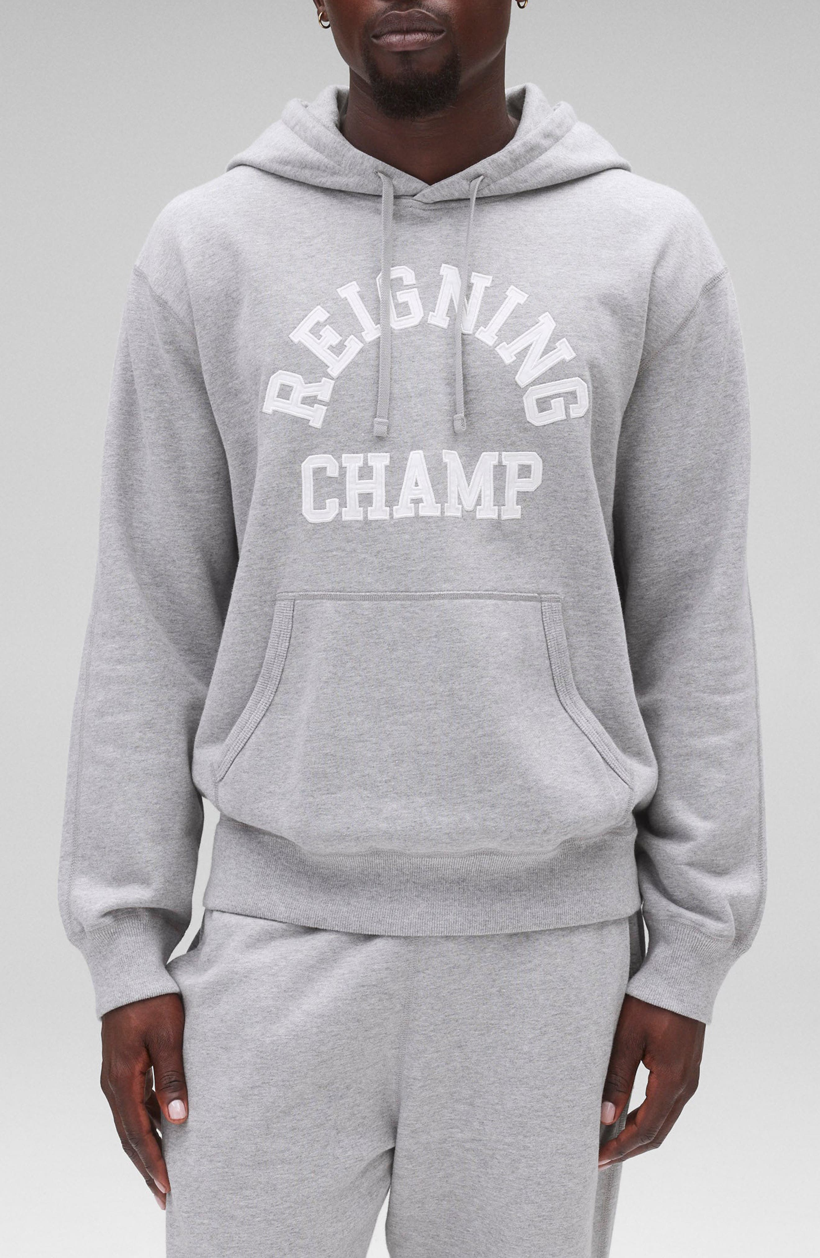 Reigning Champ Arch Logo Midweight Cotton French Terry Hoodie in Heather Grey 
