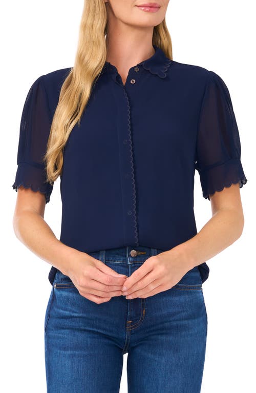 Cece Scallop Trim Button-up Shirt In Classic Navy Blue