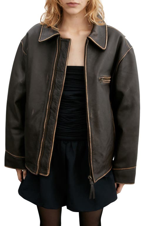 MANGO Oversize Distressed Leather Jacket Brown at Nordstrom,