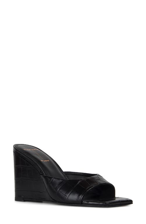 BLACK SUEDE STUDIO Paloma Wedge Sandal in Black Croc Embossed Leather