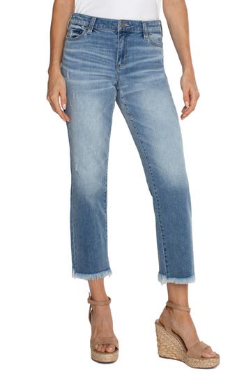 Liverpool Kennedy Frayed Mid Rise Ankle Straight Leg Jeans In Blue