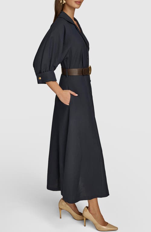 Shop Donna Karan New York Belted Linen Blend Midi Shirtdress In Nightfall