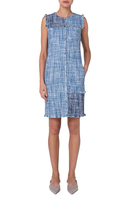 Akris Punto Paneled Fringe-seam Tweed Dress In Pale Blue