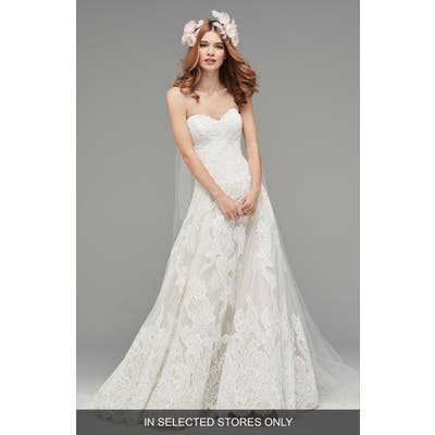 Watters Lyric Strapless Lace Drop Waist Gown, Size IN STORE ONLY - Ivory