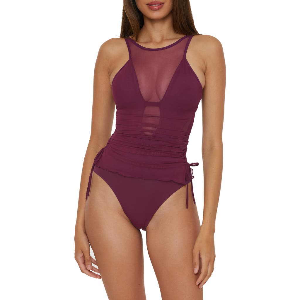 Shop Becca Muse Cinched Mesh One-piece Swimsuit In Aubergine