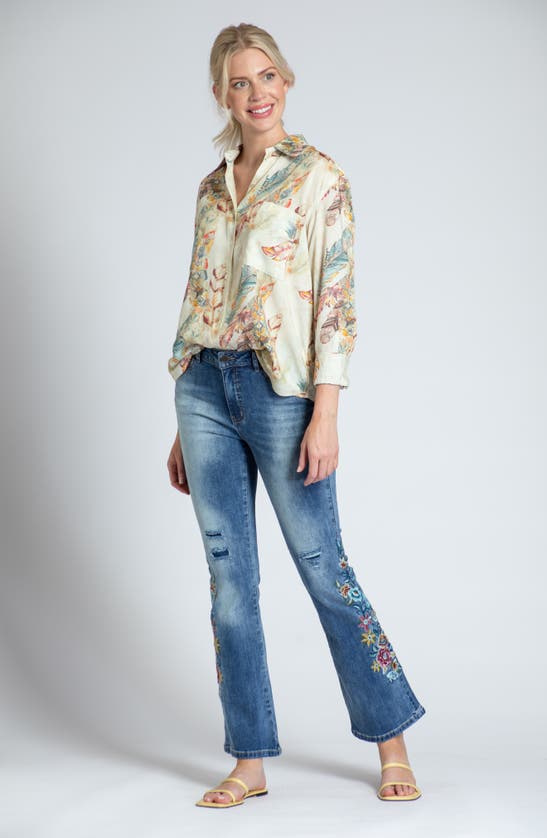 Shop Apny Oversize Feather Print Button-up Shirt In Beige Multi