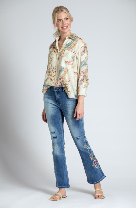 Apny Oversize Feather Print Button-up Shirt In Beige Multi