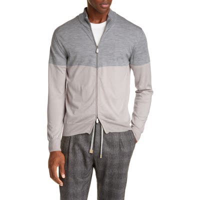Eleventy Colorblock Wool & Silk Zip Cardigan, Beige