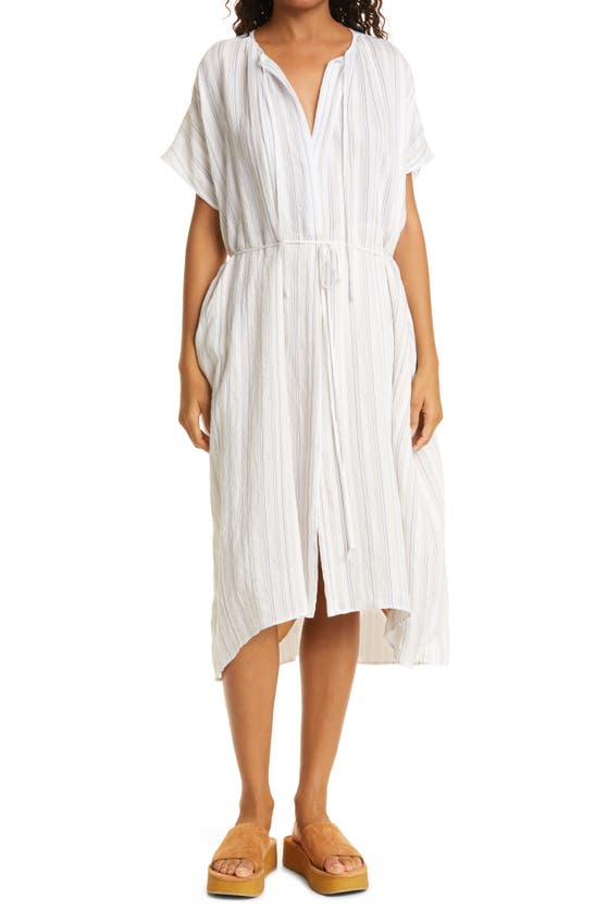 Shop Vince Stripe Shirred Dress In Off White/ Vista Blue
