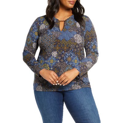 Plus Size Michael Michael Kors Geo Print Long Sleeve Top, Blue
