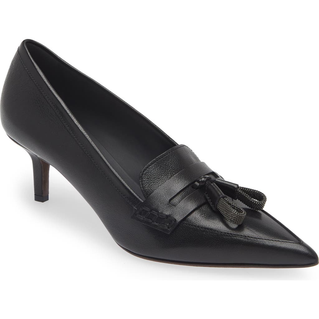 Brunello Cucinelli Monili Tassel Kitten Heel Pump In C101 Nero