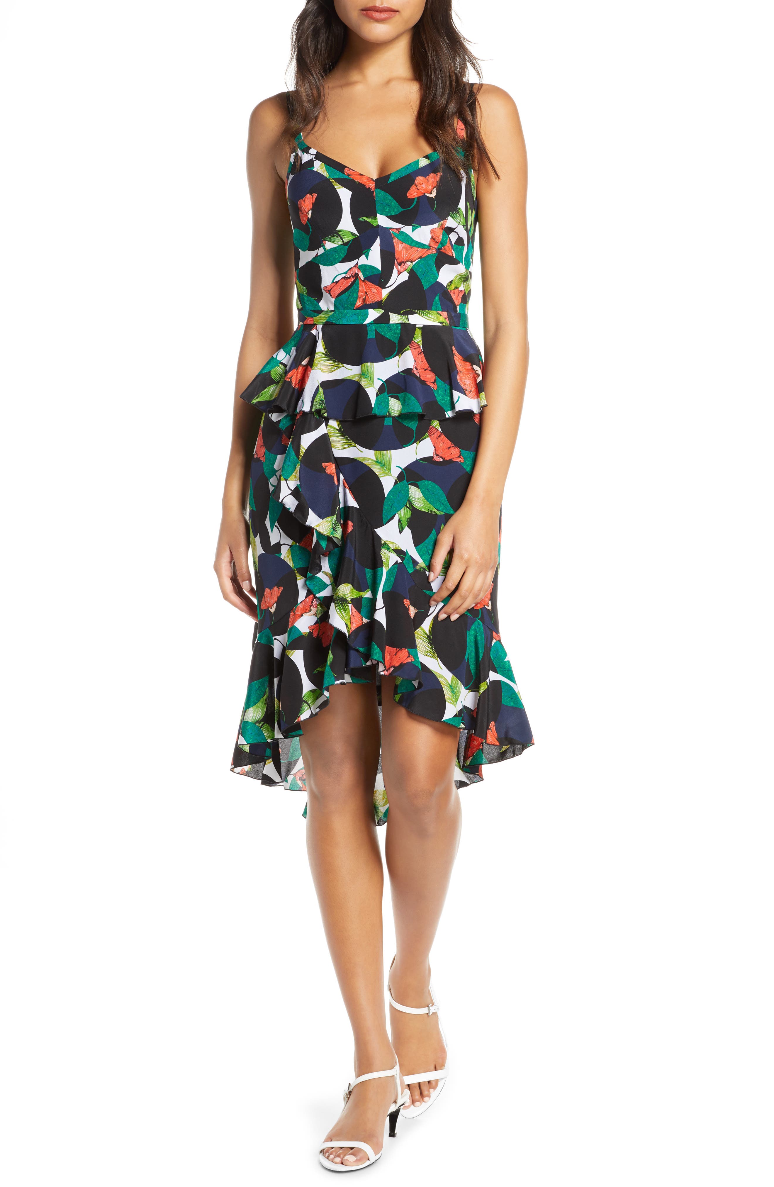 J.crew Ruffle Spaghetti Strap Tropical Silk Dress, Blue/green