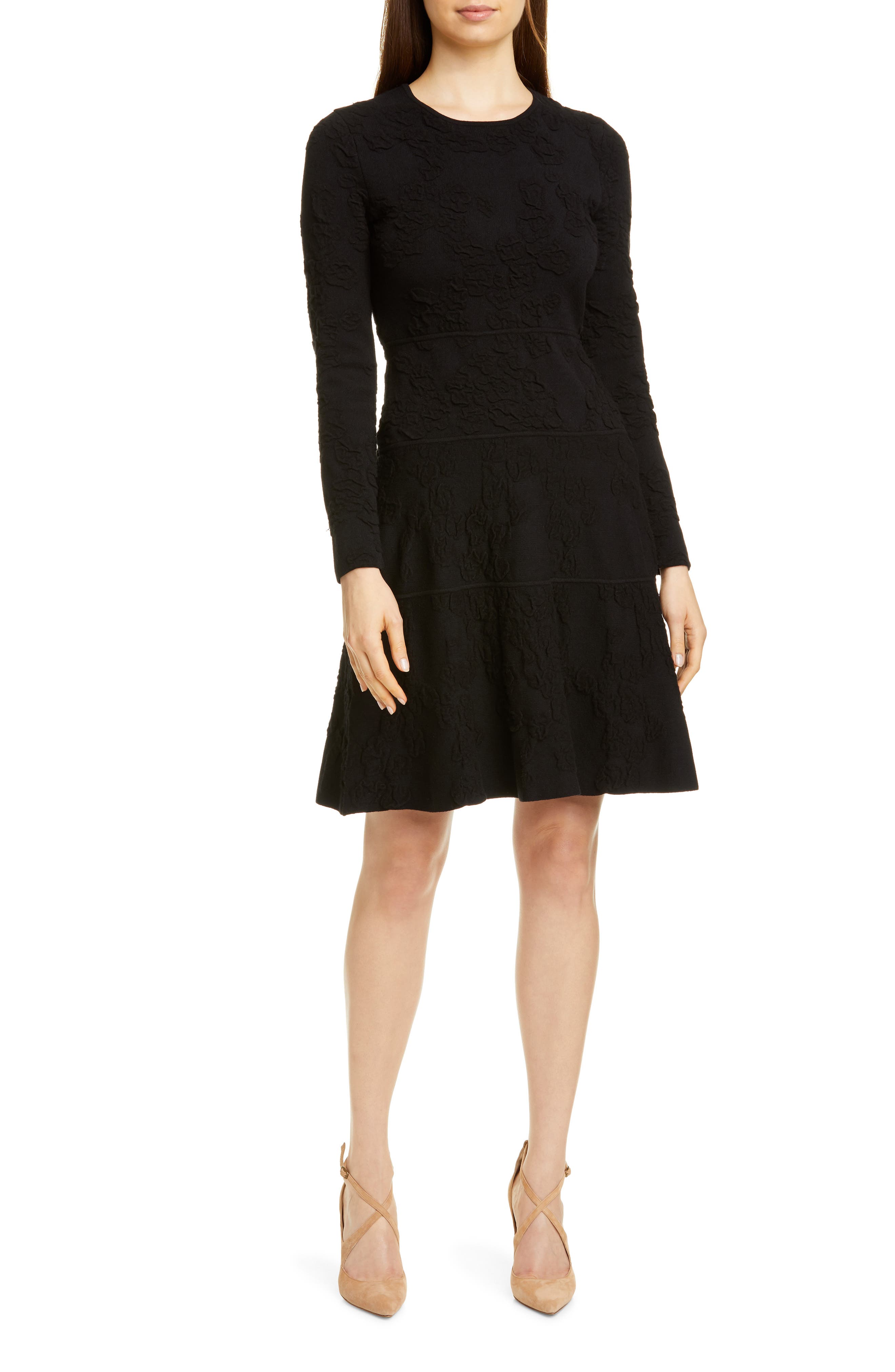Lela Rose Tonal Jacquard Long Sleeve Tiered Wool Blend Dress In Black