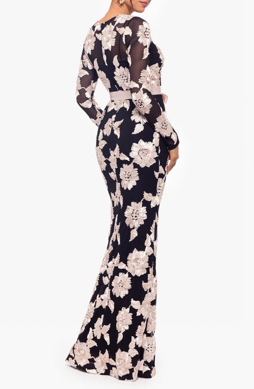 Shop Betsy & Adam Floral Appliqué Long Sleeve Dress In Black/champagne