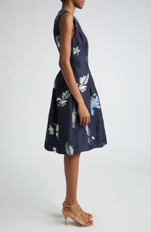 Shop Lela Rose Betsy Metallic Floral & Gingham Jacquard Dress In Navy