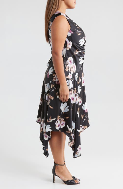 Melloday Ruched Handkerchief Satin Midi Dress In Black Floral Multi Floral