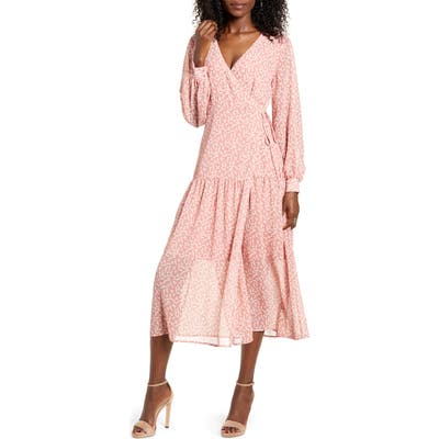All In Favor Print Long Sleeve Faux Wrap Midi Dress, Pink