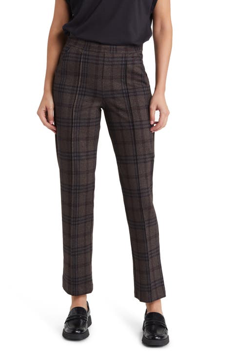 Pintuck Plaid Pull-On Trousers