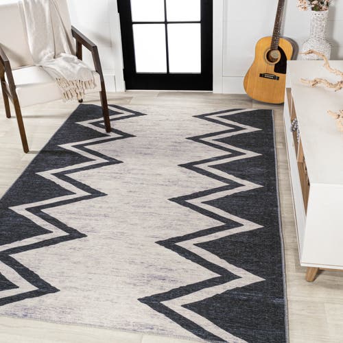 Shop Jonathan Y Siksak Modern Chevron Border Machine-washable Area Rug In Ivory/navy