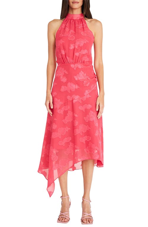 Maggy London Floral Burnout Asymmetric Hem Midi Dress Raspberry at Nordstrom,