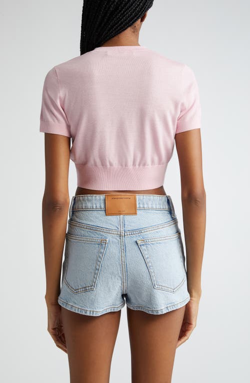 Shop Alexander Wang Debossed Logo Short Sleeve Crop Sweater In Pink Lace