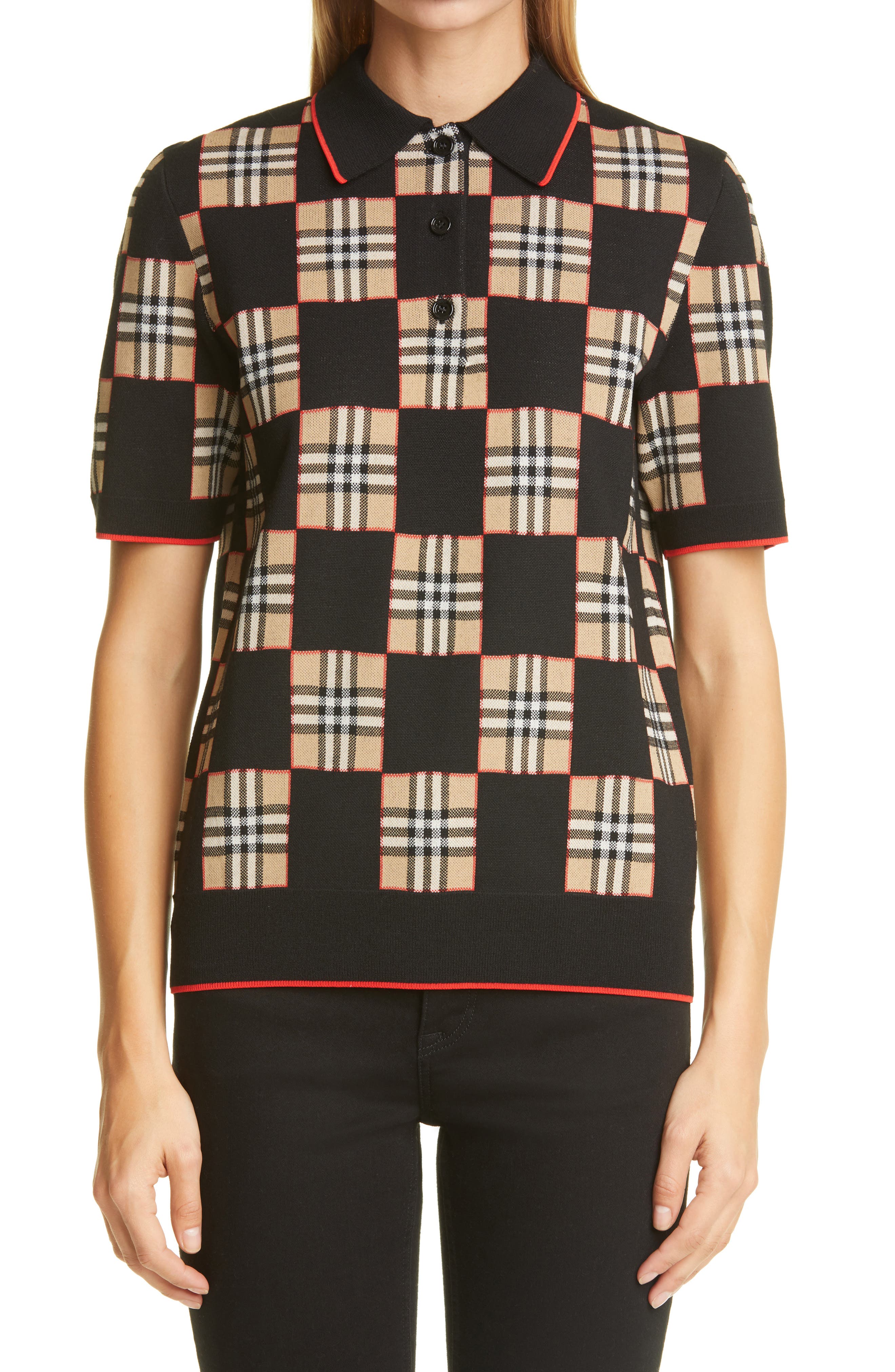 chequer merino wool blend jacquard polo shirt