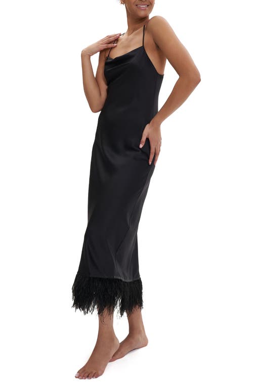 Rya Collection Swan Ostrich Feather Trim Charmeuse Nightgown Black at Nordstrom,