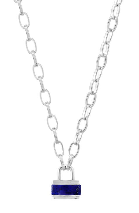 Men's Sterling Silver Lapis Lazuli Padlock Pendant Necklace
