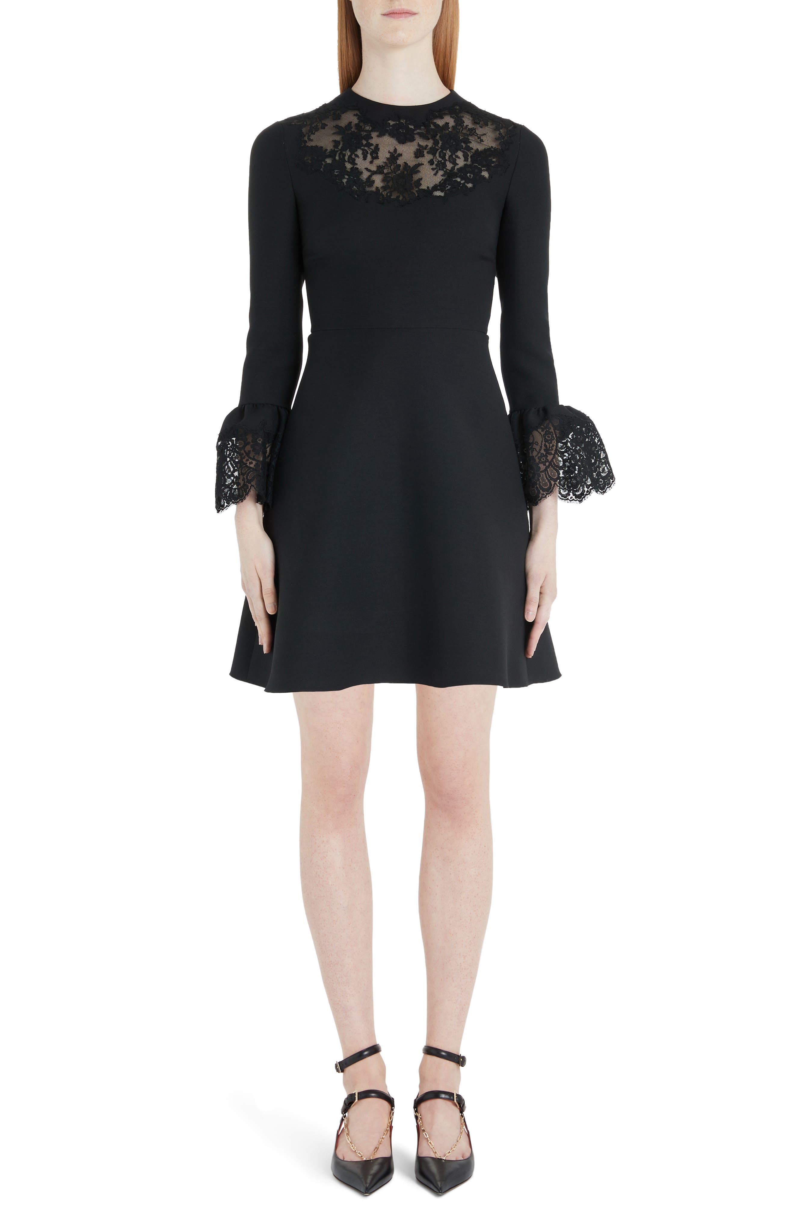 Valentino Lace Trim Flare Cuff Wool & Silk Minidress, 50 IT - Black