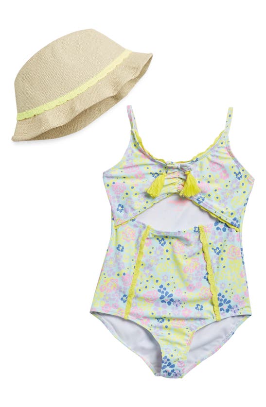 Shop Btween Kids' One-piece Swimsuit & Hat Set In Green Multi